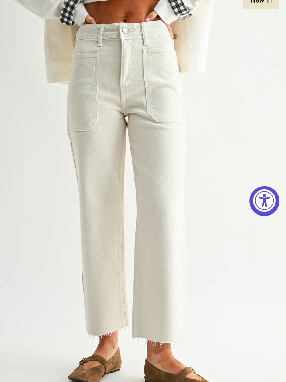 Just Black Cream High-Rise Cropped Straight Jeans with Frayed Hem